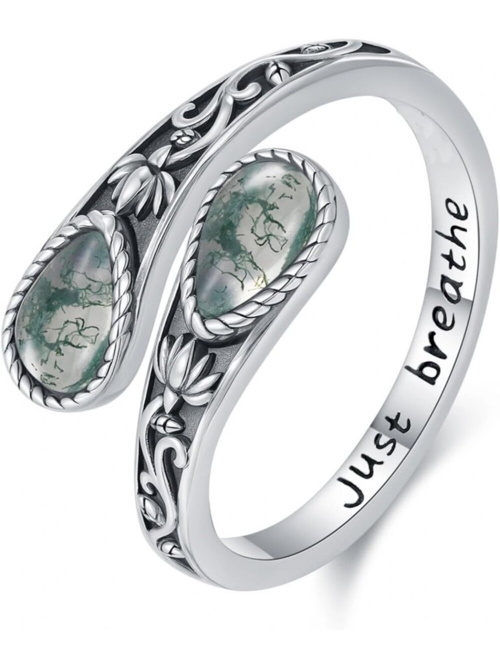 Adjustable Moss Agate Teardrop Ring for Women - White Gold Plated Thumb Ring